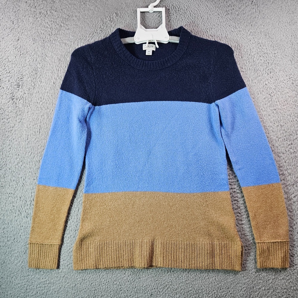 J Crew Sweater XS Wool Blend Crew Neck Long Sleeve Navy Blut Brown Color Block